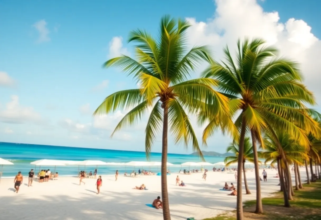 Beautiful beach in Cancun with palm trees
