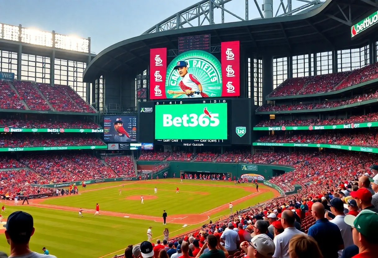 Fans at Busch Stadium during a Cardinals game with Bet365 branding