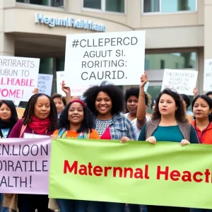 Illustration depicting the need for reform in Black maternal healthcare with diverse pregnant women and medical elements.