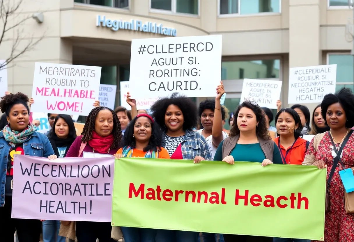 Illustration depicting the need for reform in Black maternal healthcare with diverse pregnant women and medical elements.