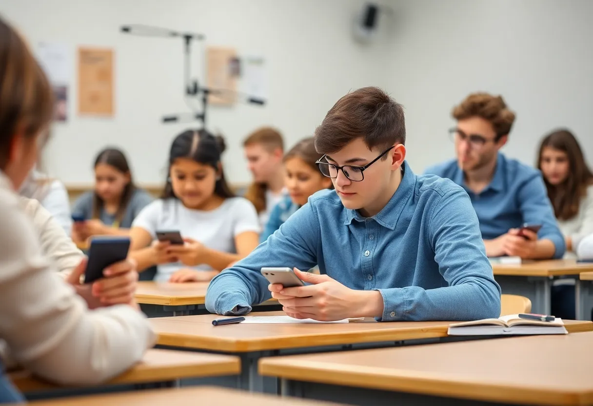 Students in a classroom engaged in learning without cellphones