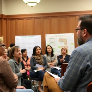 Community members discussing housing solutions during a meeting.