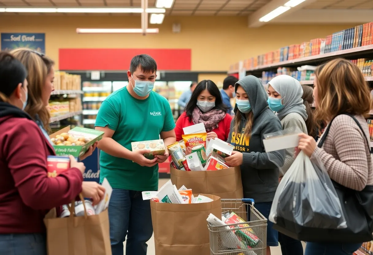 Community members participating in a food drive at Kroger in Novi, Michigan.