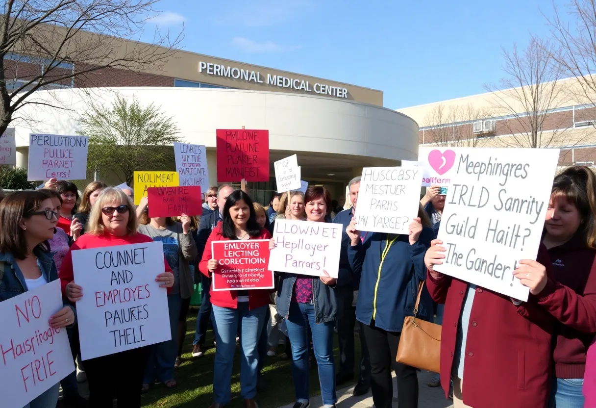 Protesters gather outside a medical center to oppose VA layoffs