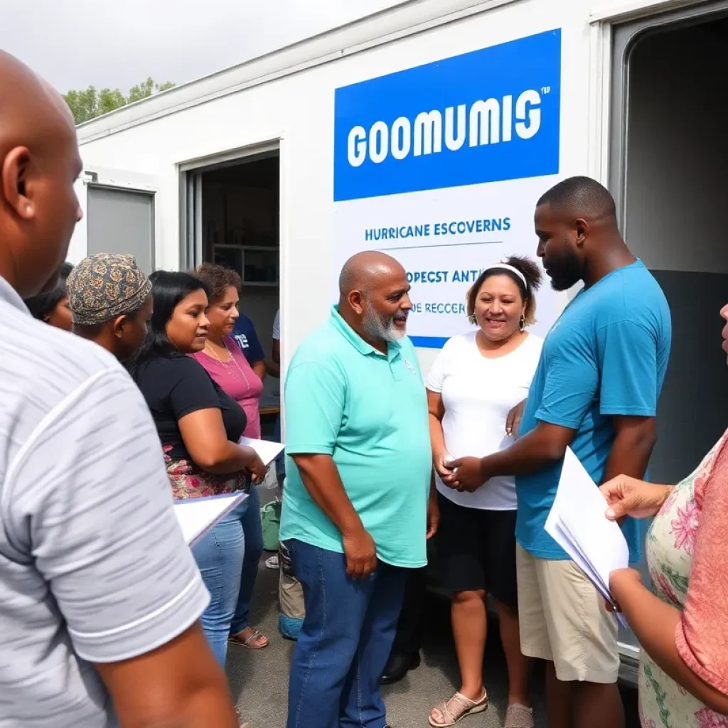 Residents receiving disaster recovery assistance at a mobile unit outside a church.