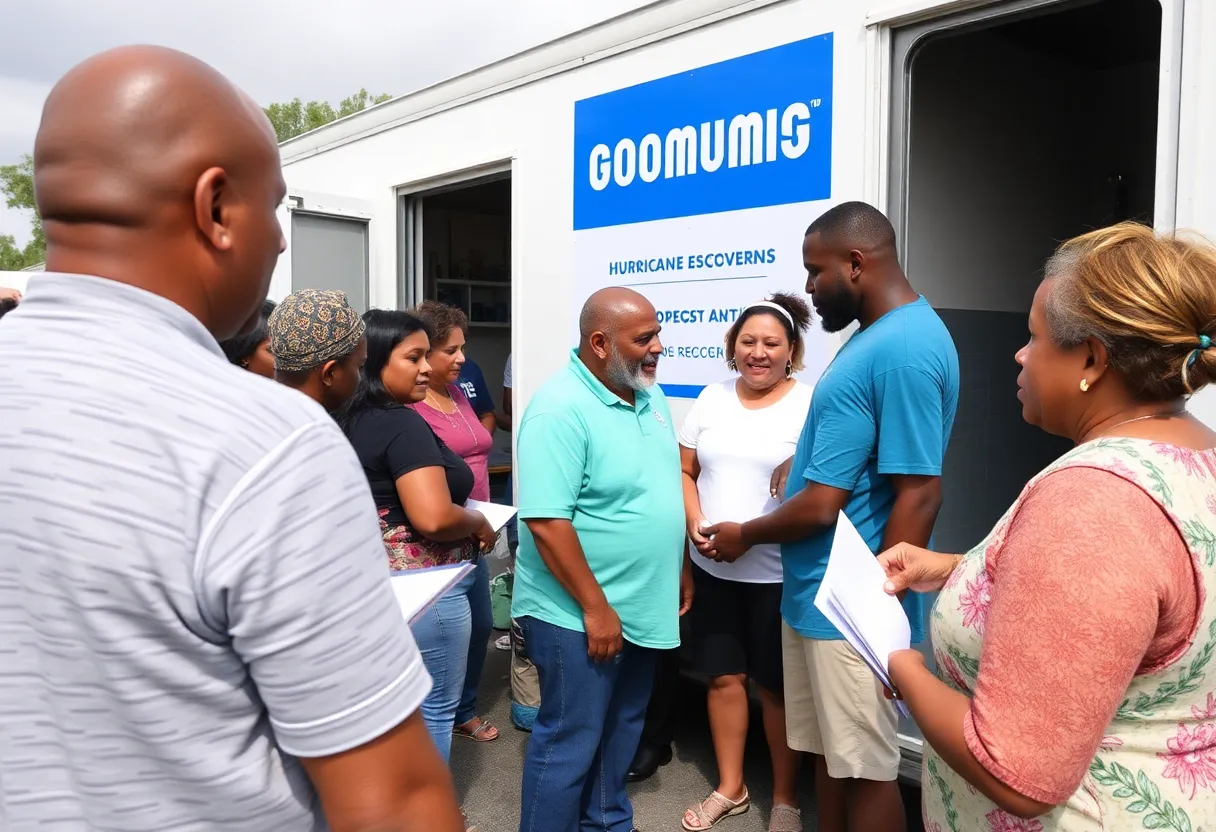 Residents receiving disaster recovery assistance at a mobile unit outside a church.