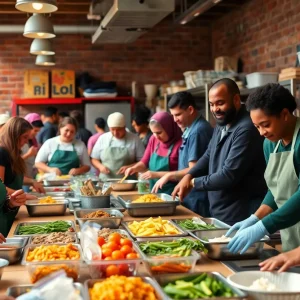 Volunteers preparing food in a community kitchen for Ramadan meal distribution