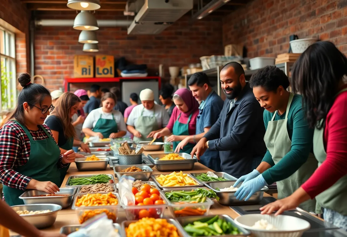 Volunteers preparing food in a community kitchen for Ramadan meal distribution