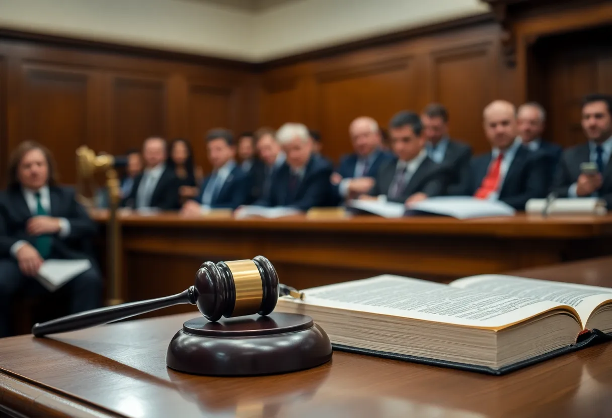 A courtroom with legal elements and an engaged audience symbolizing political and legal discussions.