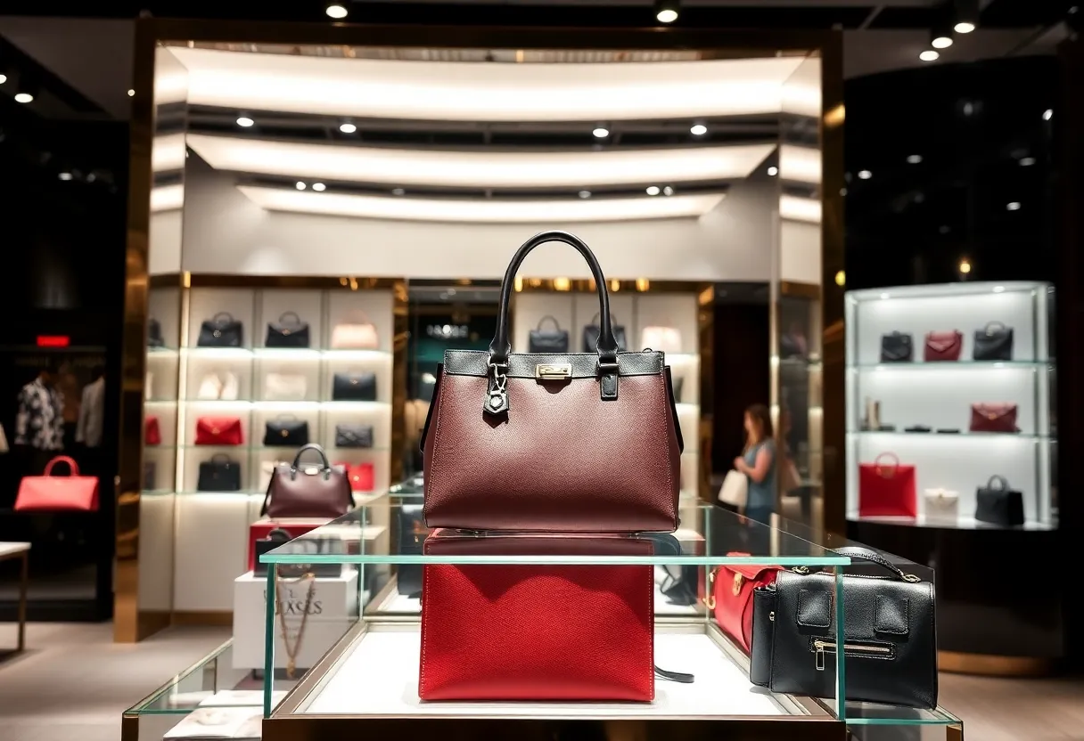 Courtroom filled with luxury handbags and legal materials