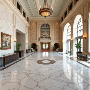 Interior view of the renovated Dearborn Inn lobby with elegant furnishings