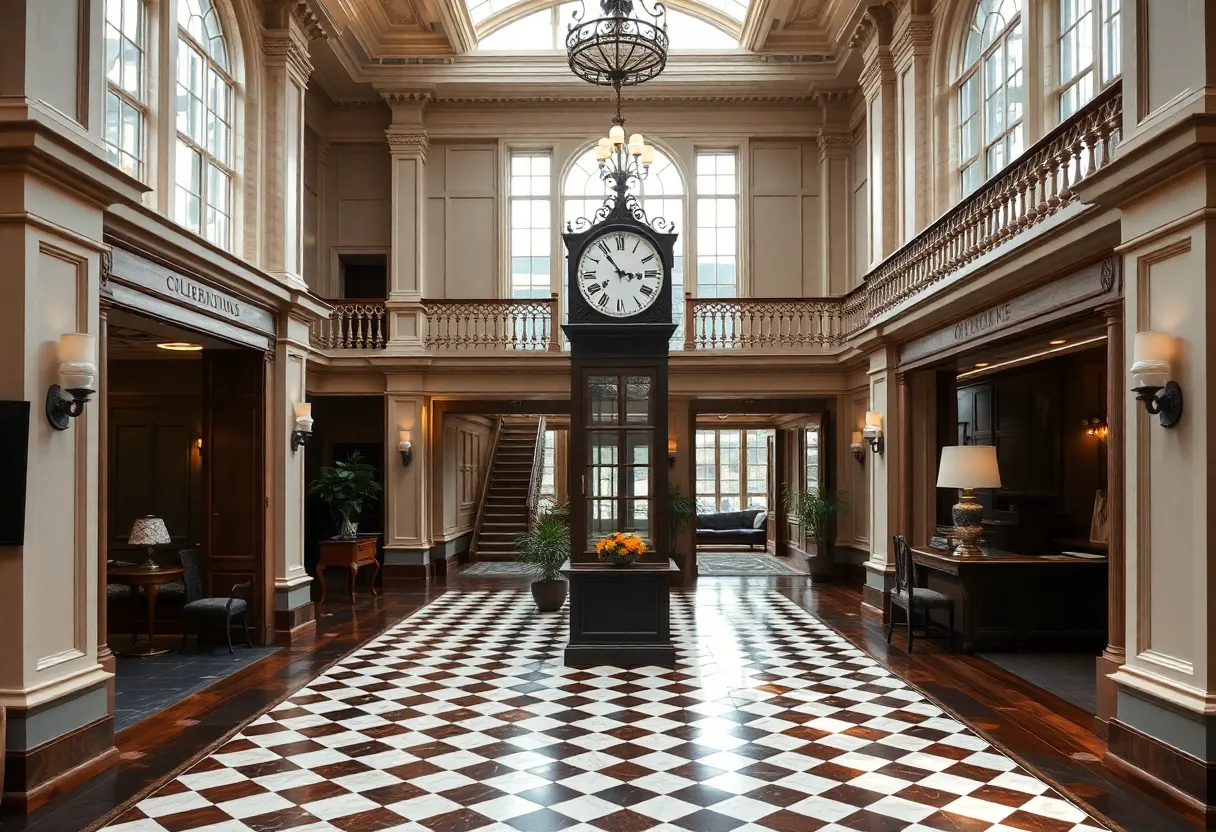 Lobby of the Dearborn Inn showcasing renovated historical features