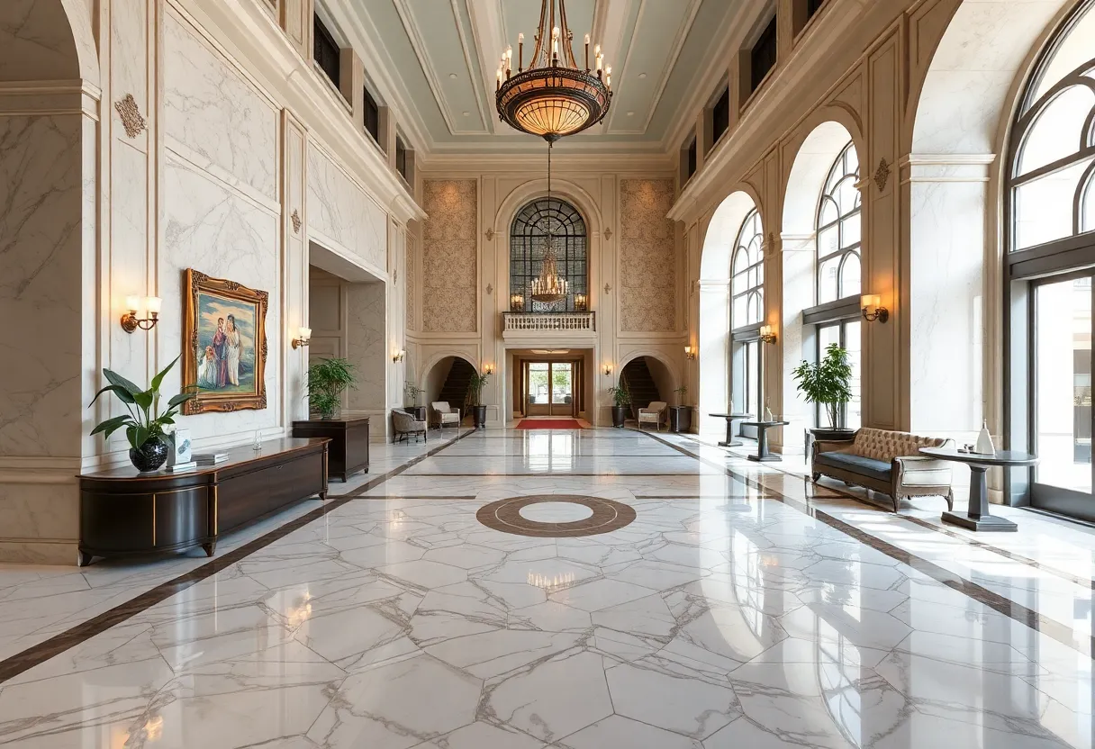 Lobby of the Dearborn Inn featuring modern furnishings and historic charm