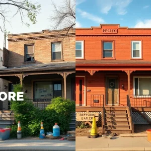Renovated home in Detroit with visible construction tools