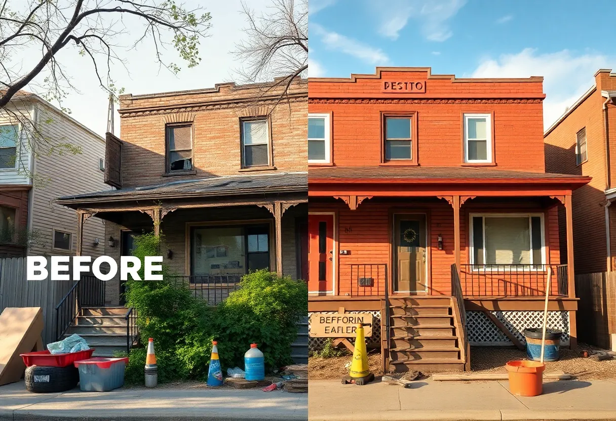 Renovated home in Detroit with visible construction tools
