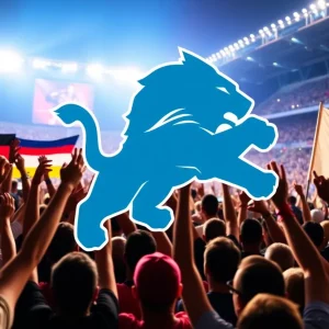 Detroit Lions fans celebrating with flags of Germany, Austria, Switzerland, and Canada.