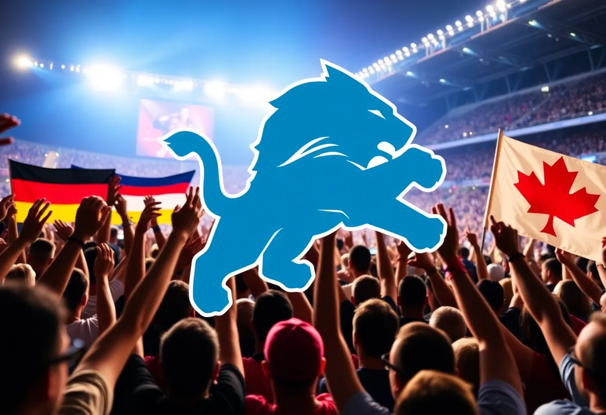 Detroit Lions fans celebrating with flags of Germany, Austria, Switzerland, and Canada.