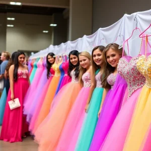 Teens and community members at the Detroit Prom Dress Drive donating dresses.
