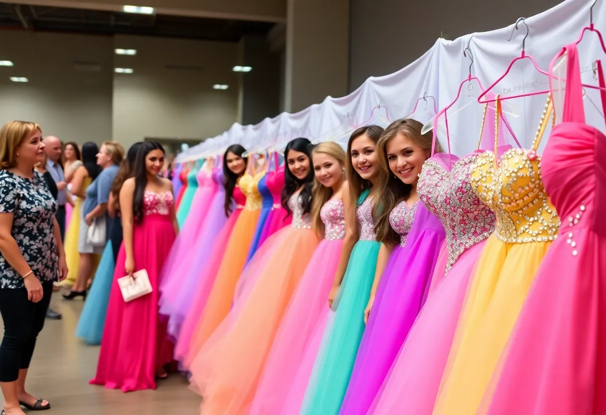 Teens and community members at the Detroit Prom Dress Drive donating dresses.