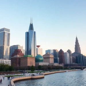 A vibrant Detroit skyline highlighting new skyscrapers and renovation projects.