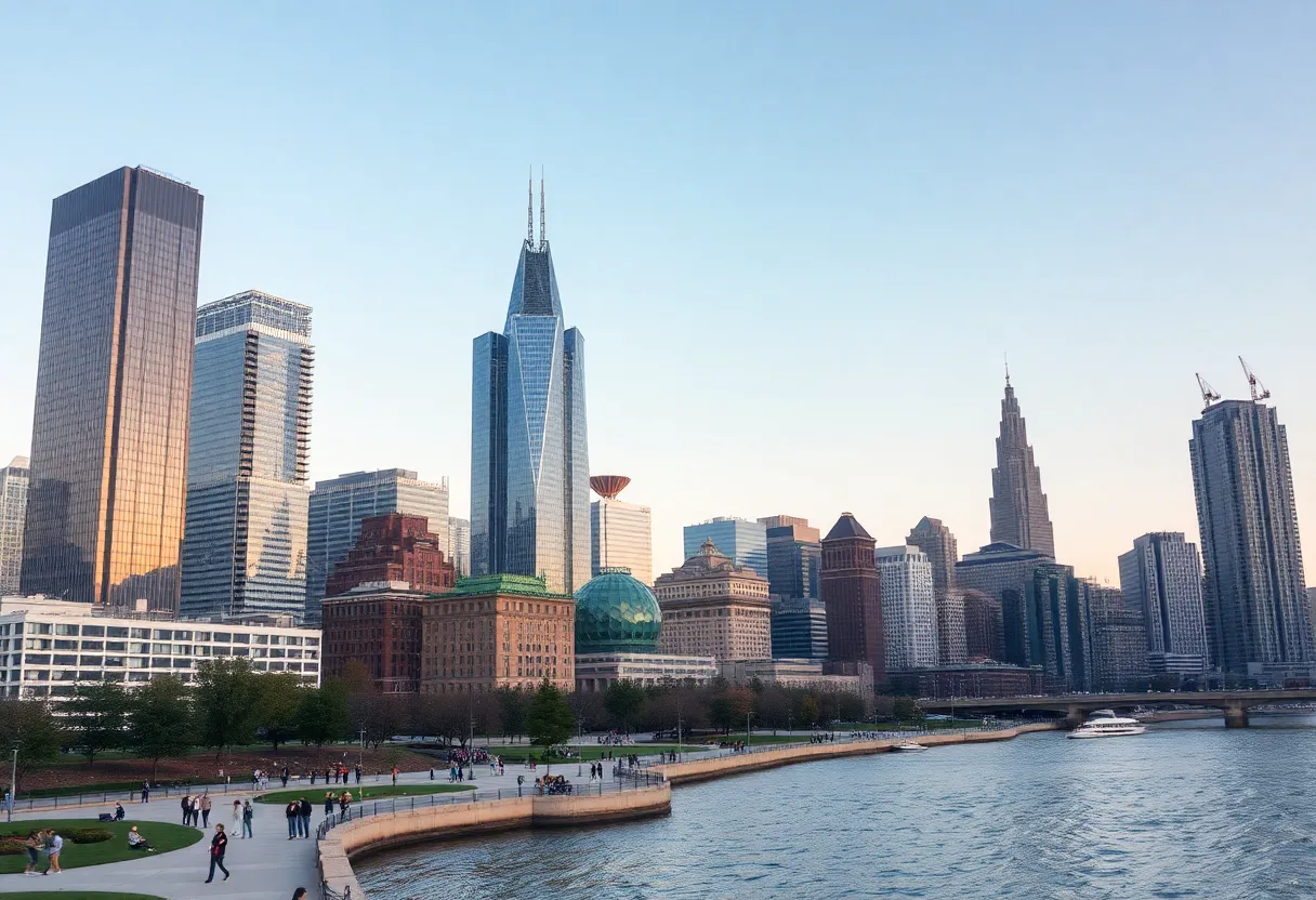 A vibrant Detroit skyline highlighting new skyscrapers and renovation projects.