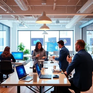 Team members collaborating in a modern office at Deviate Digital.