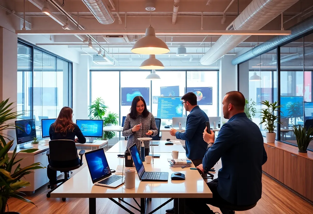 Team members collaborating in a modern office at Deviate Digital.