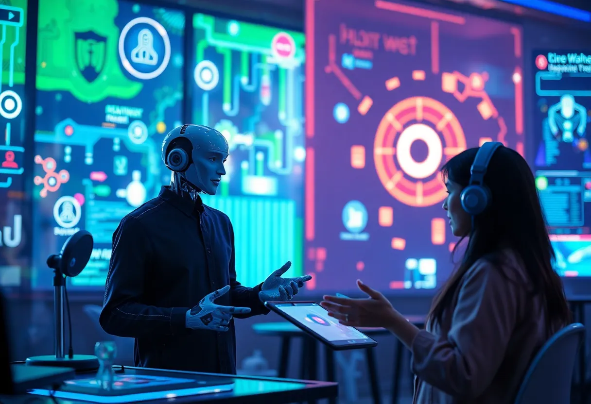 A digital marketing landscape in 2025 showcasing AI and immersive technologies.
