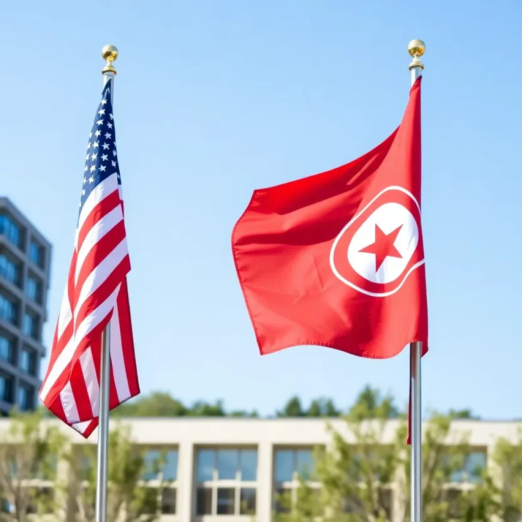 Flags of the United States and Tunisia symbolizing diplomatic relations.