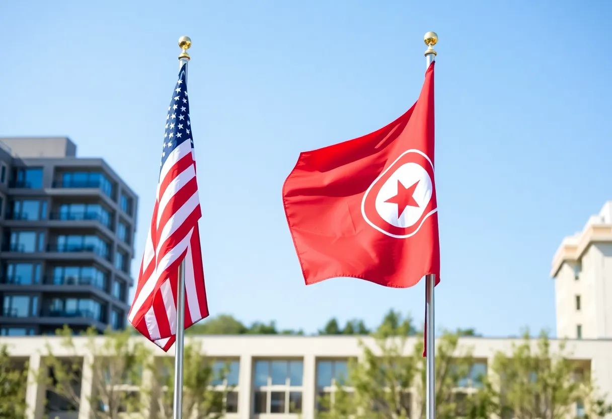 Flags of the United States and Tunisia symbolizing diplomatic relations.