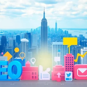 Digital marketing landscape representing SEO, PPC, and social media with New York State