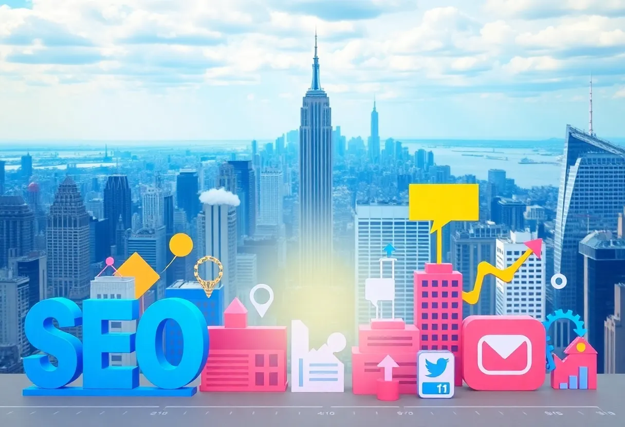 Digital marketing landscape representing SEO, PPC, and social media with New York State