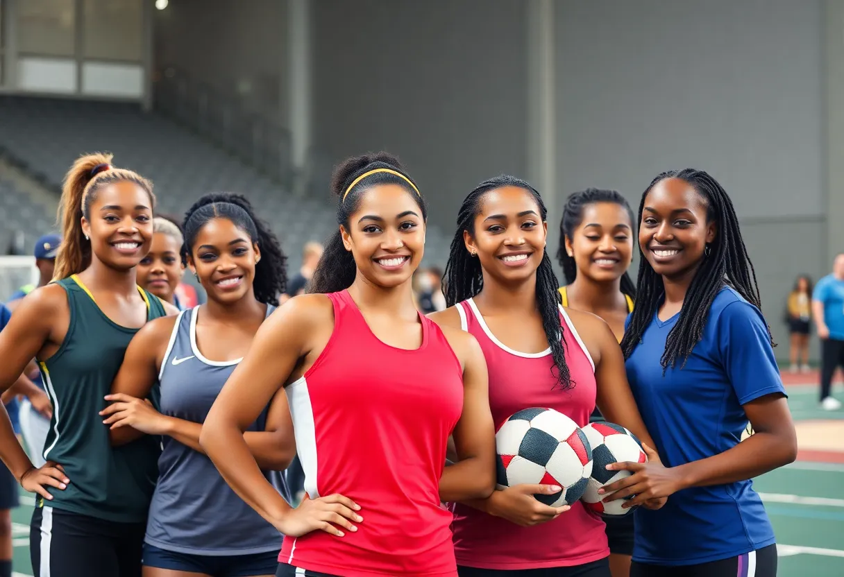 Group of diverse athletes competing in a sporting event, promoting inclusivity.