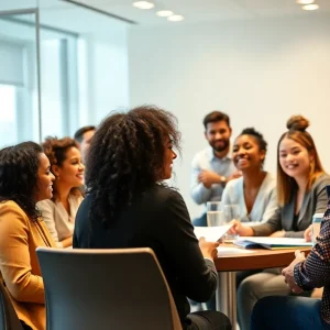 A diverse team of marketing professionals engaged in a creative meeting.