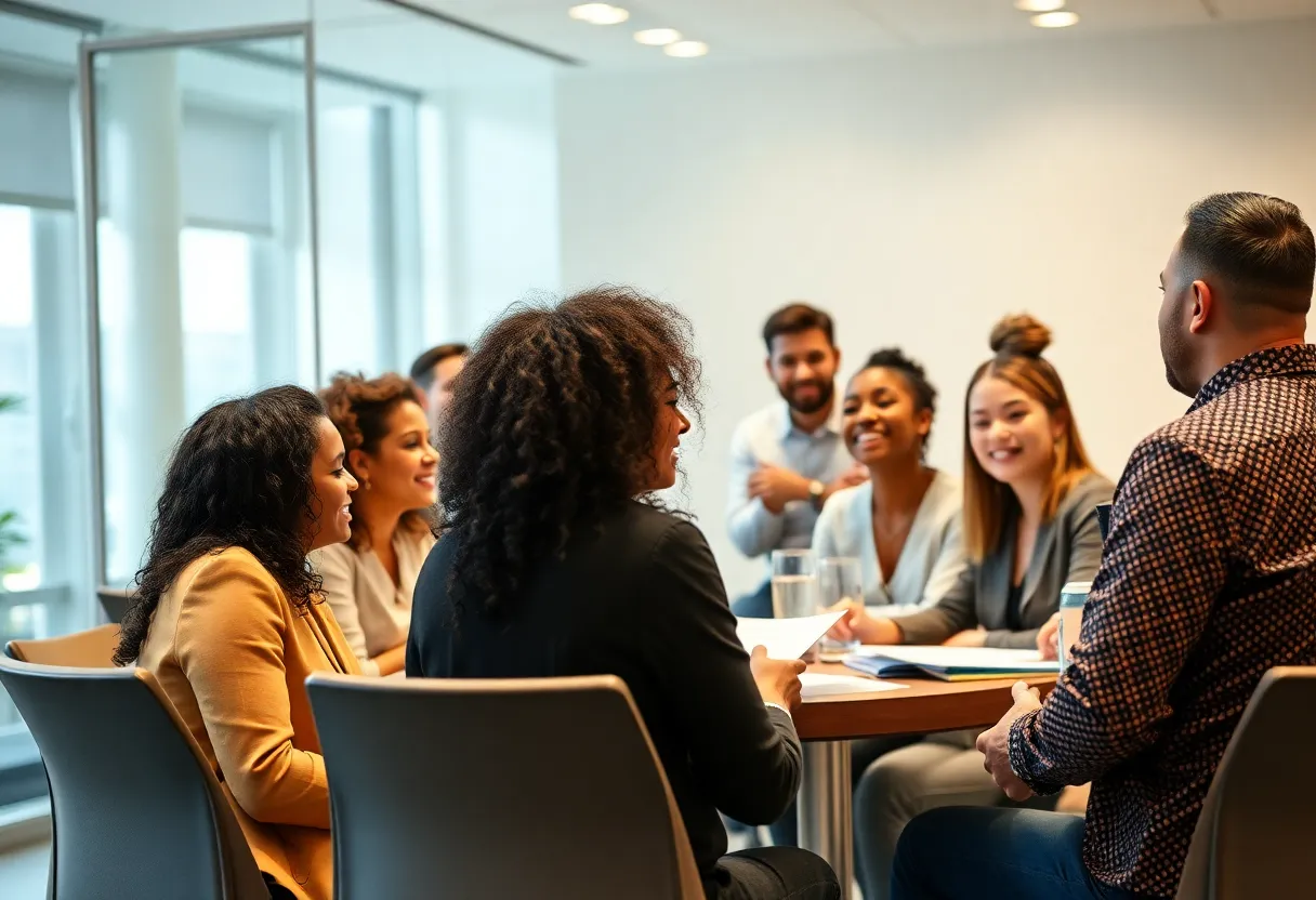 A diverse team of marketing professionals engaged in a creative meeting.
