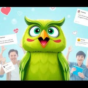 Duo the Green Owl mascot celebrating his return to the Duolingo app, surrounded by happy users.