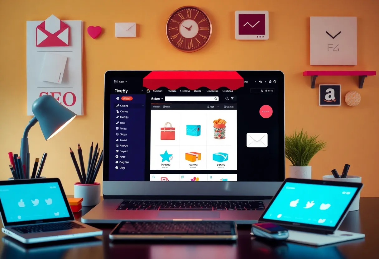 Illustration of ecommerce marketing strategies including SEO, email marketing, and social media engagement.