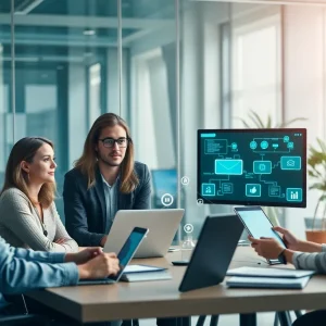 Professionals discuss email marketing strategies in a modern office.