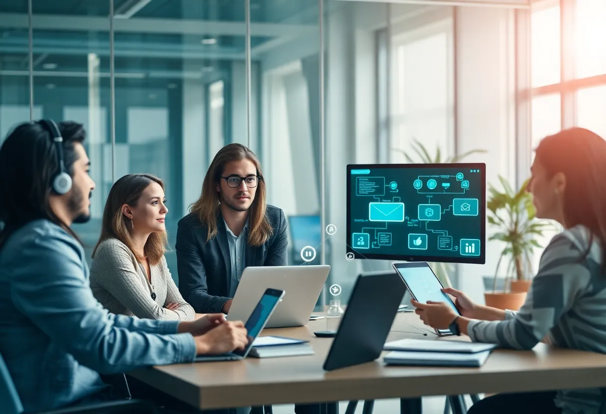 Professionals discuss email marketing strategies in a modern office.