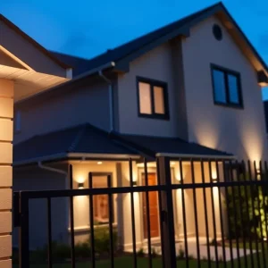 A house showcasing various home security upgrades such as security cameras and bright exterior lighting.