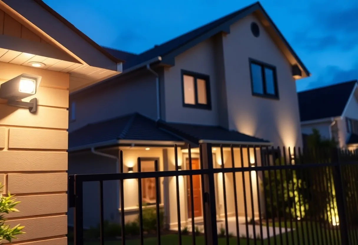 A house showcasing various home security upgrades such as security cameras and bright exterior lighting.