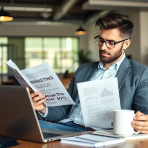 Entrepreneur brainstorming with marketing guide