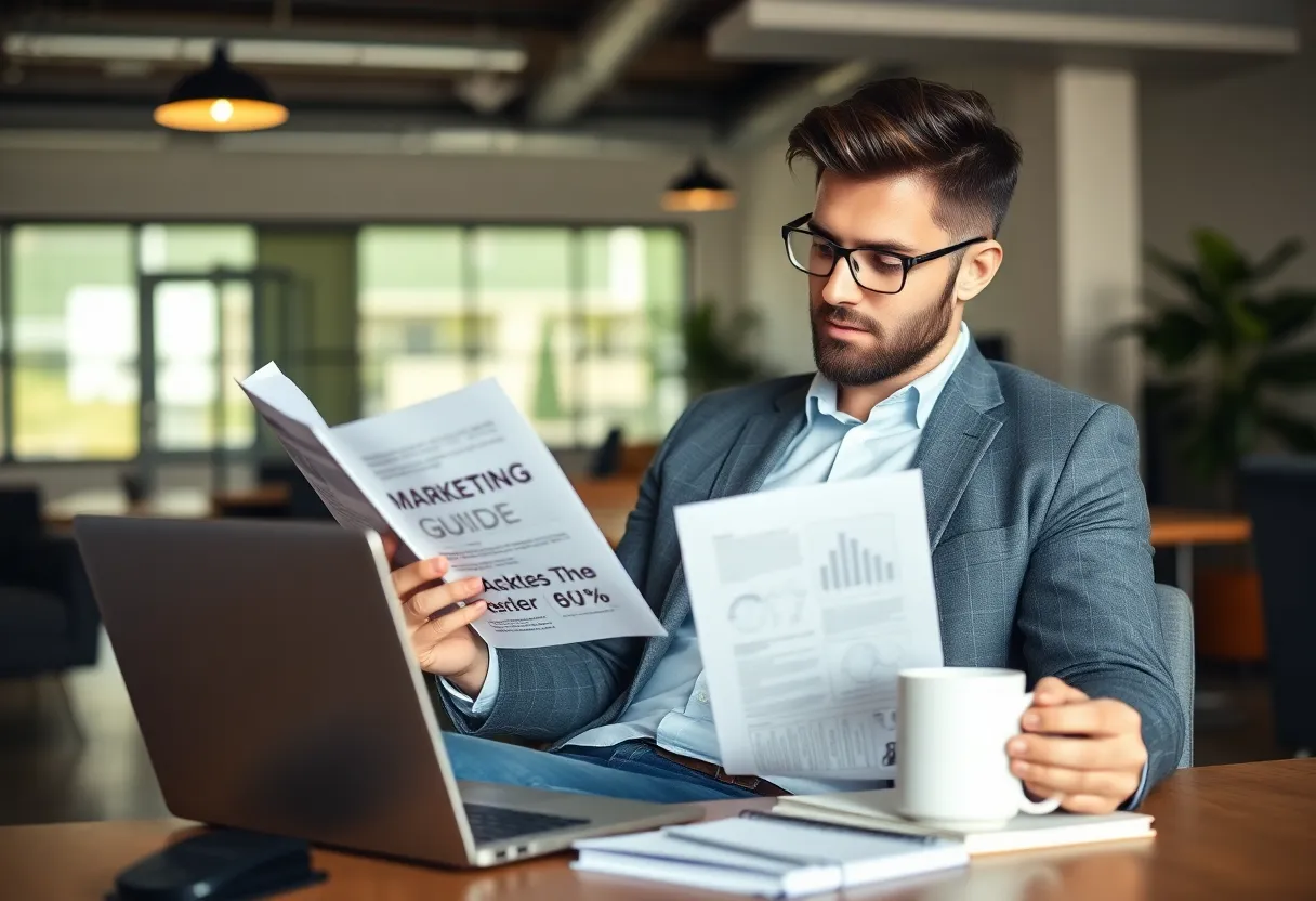 Entrepreneur brainstorming with marketing guide