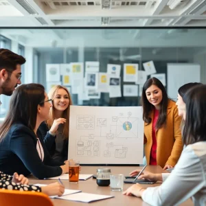 A team brainstorming marketing strategies in a modern office.