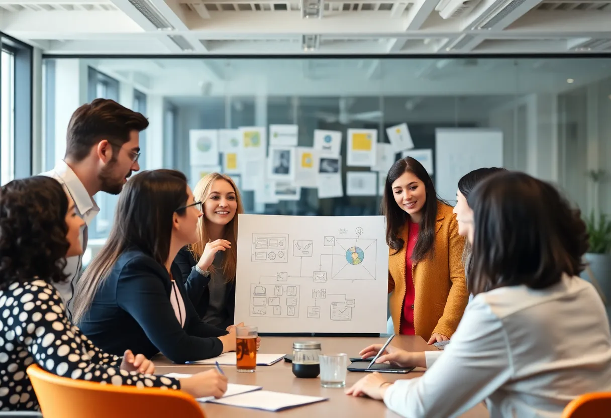 A team brainstorming marketing strategies in a modern office.