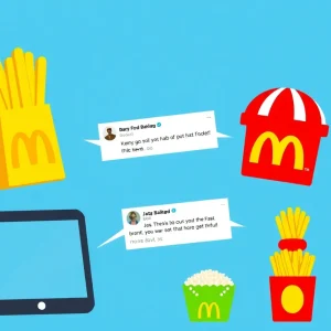 Illustration of fast food brands engaging in lighthearted social media banter with tweets and humorous elements.