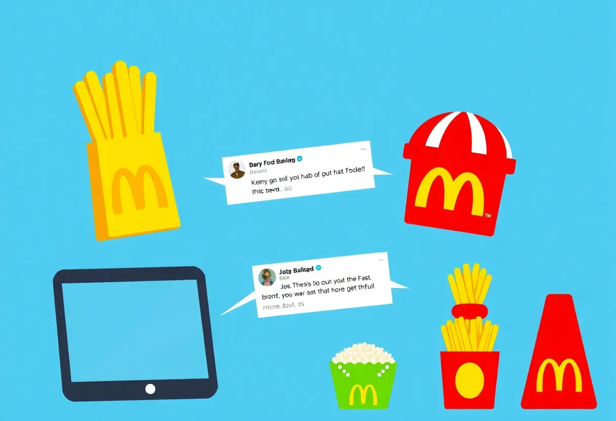 Illustration of fast food brands engaging in lighthearted social media banter with tweets and humorous elements.