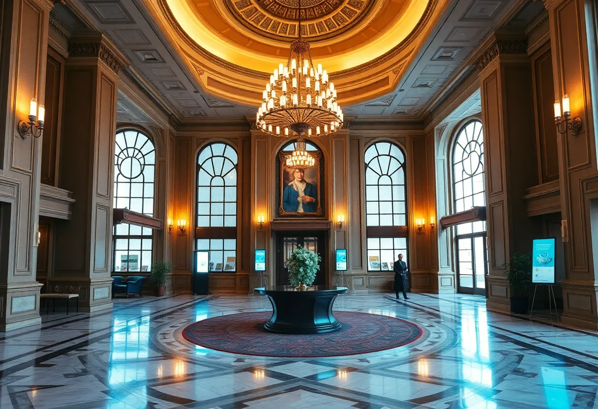 Lobby of the Fort Garry Hotel with modern digital enhancements