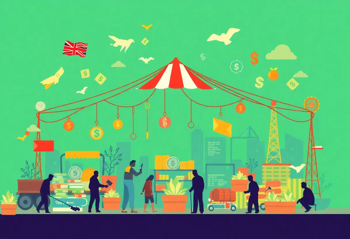An illustration depicting the concept of the free market with visual representations of supply, demand, and various income sources.