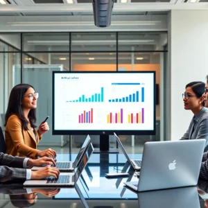 Marketing professionals discussing AI strategies in a modern office.